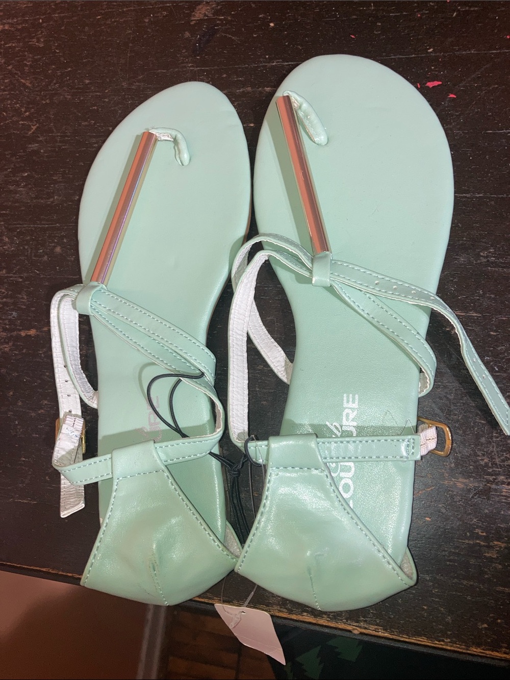 Mint Green Strappy Flat Sandals with Iridescent Accent